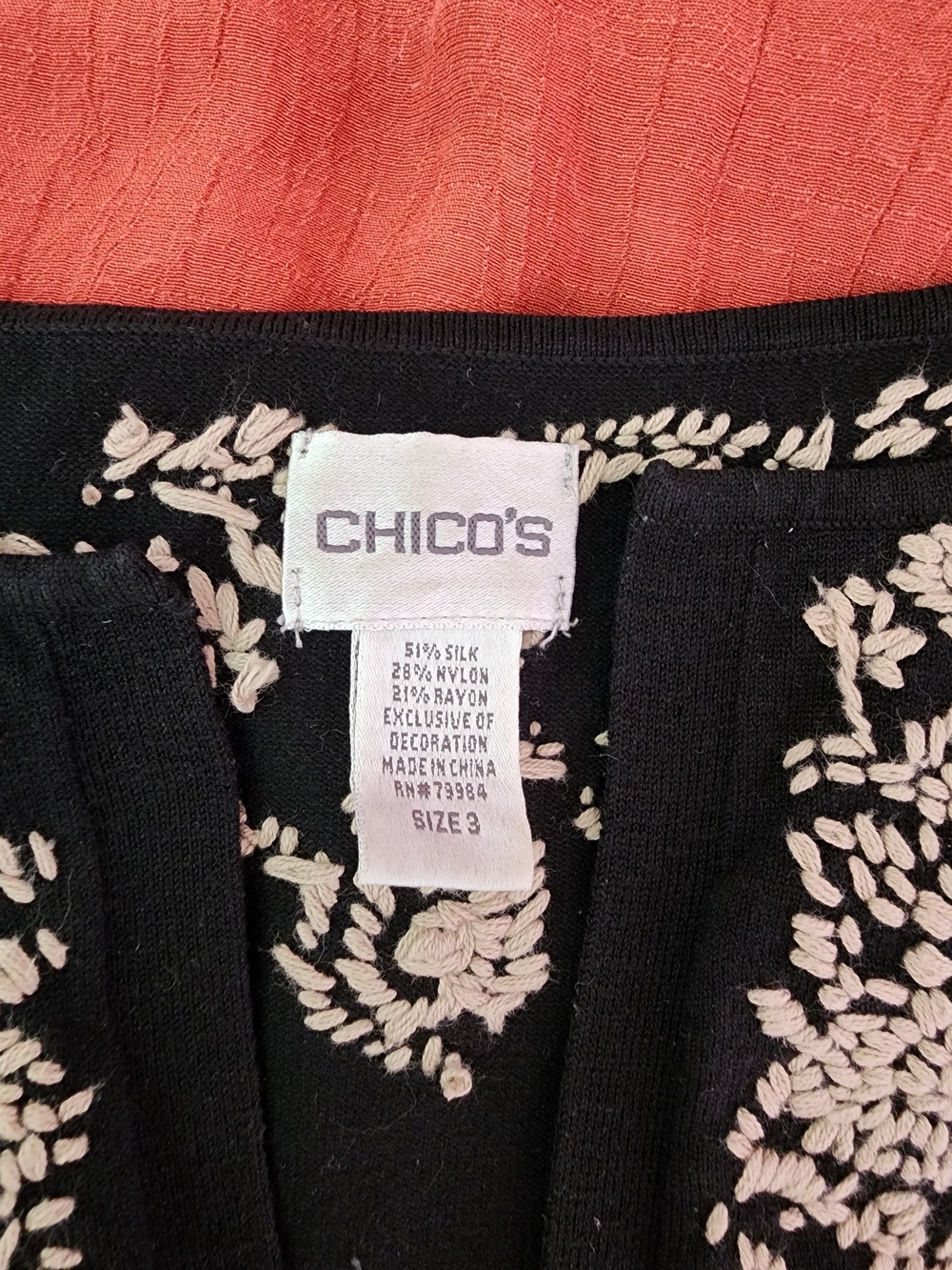 Chico's Black Long-Sleeve Top with Cream Embroidered V-Neck Bohemian - Picture 2 of 10
